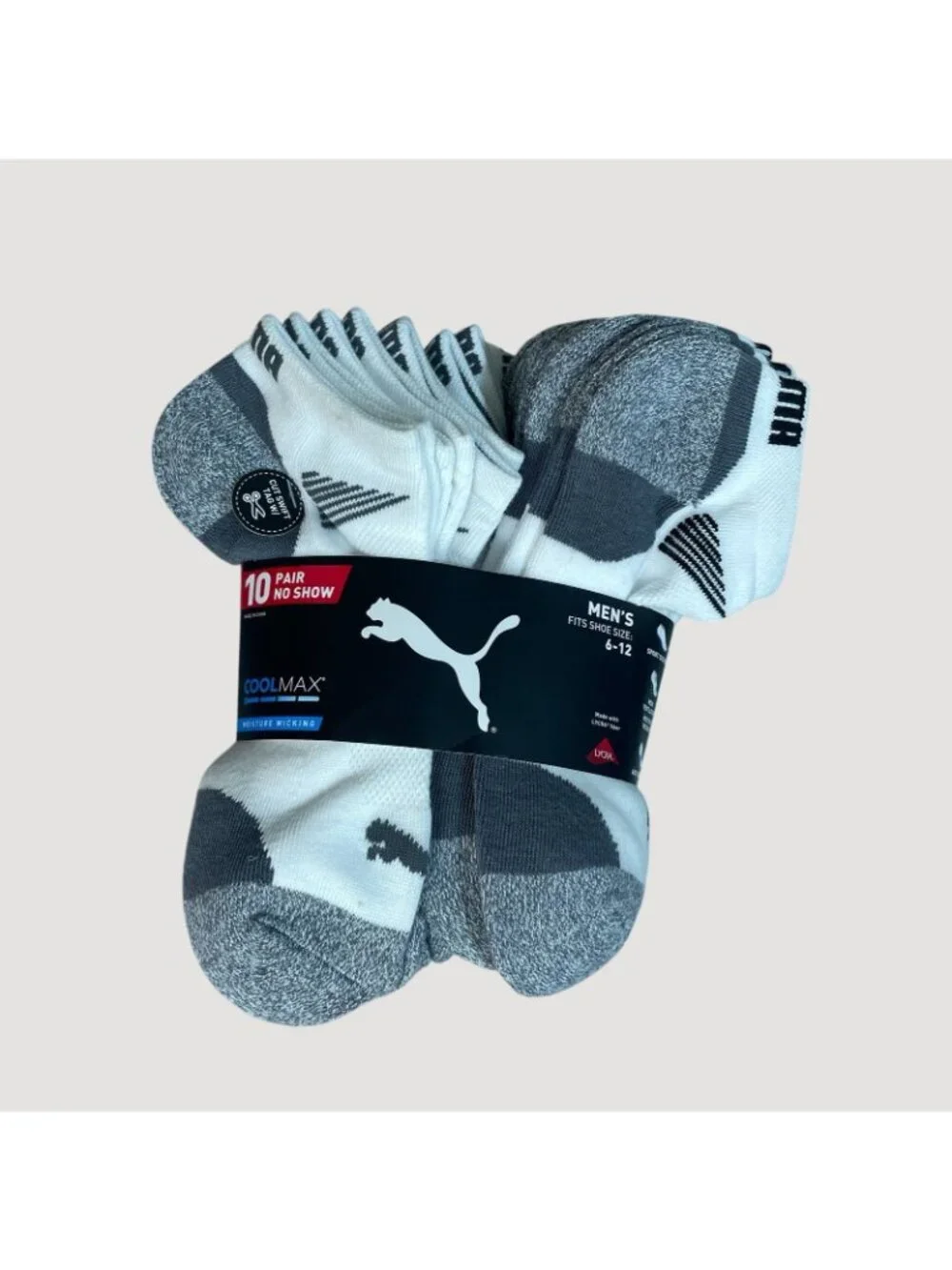 NWT Puma Men's 6-12 10-Pair No Show Socks CoolMax Moisture-Wicking Lycra Blend